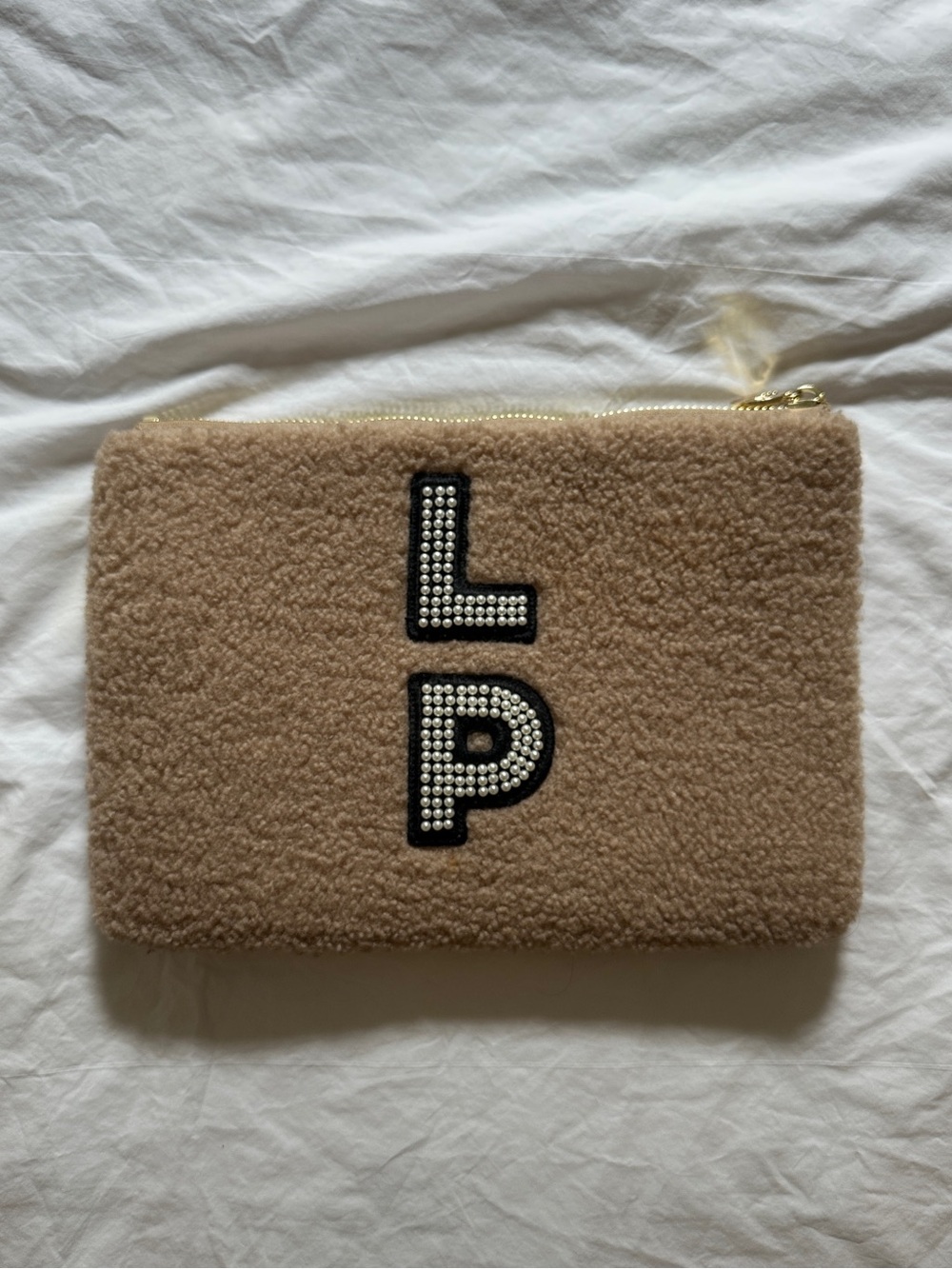 Beige Shearling Zip Pouch with LP Rhinestone Letters